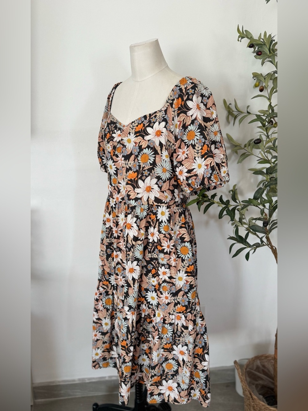 ANA New York Floral Puff Sleeve Midi Dress XXL Cottagecore Boho Daisy Print - Picture 3 of 6